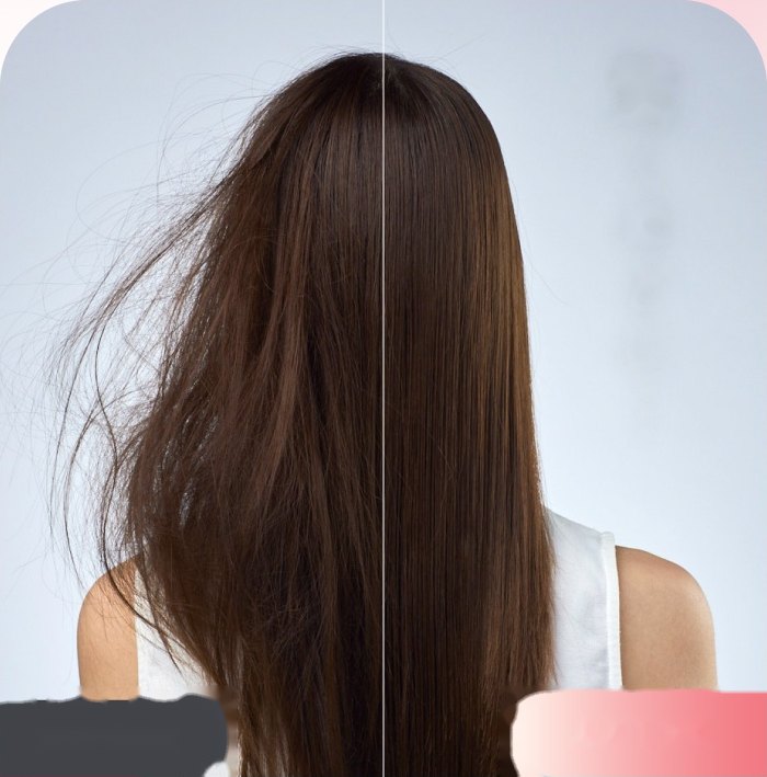 女性の後ろ姿ロングヘアのビフォーアフター比較。左は広がった髪、右はまとまりツヤのある髪