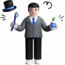 회색 정장에 파란 넥타이를 맨 3D 캐릭터 남성이 오른손에 큼직한 파란 칫솔을, 왼손에 초록 펌프 뚜껑의 흰 세정제 병을 들고 서 있고 머리 위로 검은 중절모가 떠 있다